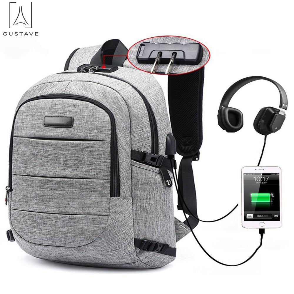 Gustave Laptop Backpack Water Resistant Anti-Theft College Backpack with USB Chargin Port and Lock 17Inch Compurter Backpacks for Women Men, Casual Hiking Travel Daypack "Black"