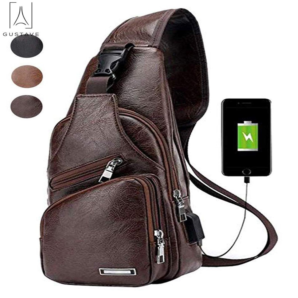 Gustave Sling Bag for Men Chest Shoulder Backpack Waterproof Leather Crossbody Bag with USB Charging Outdoor Hiking Travel "Dark Brown"