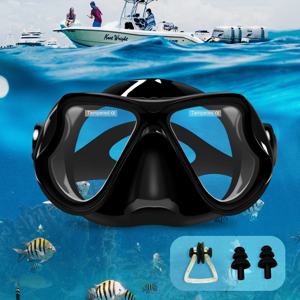 Diving Snorkel Mask Anti-Fog Tempered Glass HD Wide View Scuba Mask with Nose Clip & Earplugs Set, Adjustable Strap Swimming Goggles for Adults/Youths