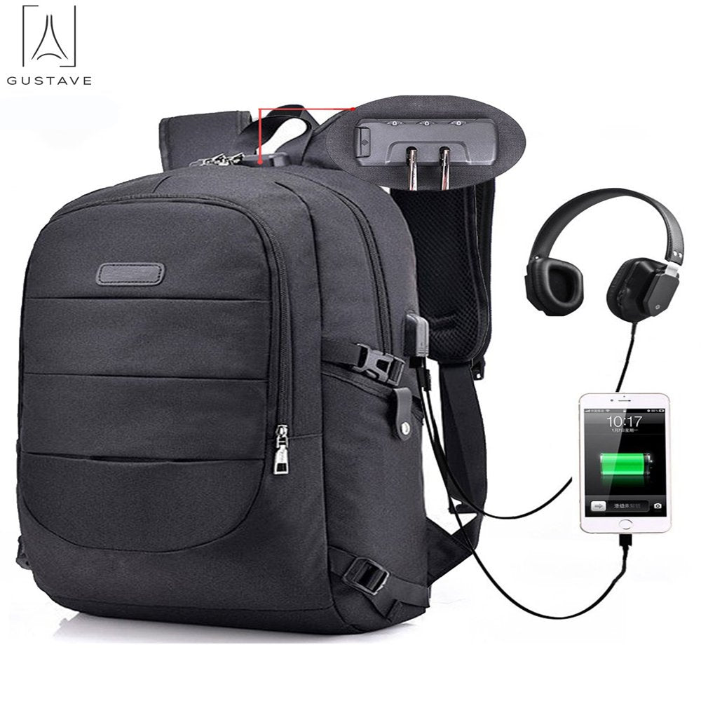 Gustave Laptop Backpack Water Resistant Anti-Theft College Backpack with USB Chargin Port and Lock 17Inch Compurter Backpacks for Women Men, Casual Hiking Travel Daypack "Black"