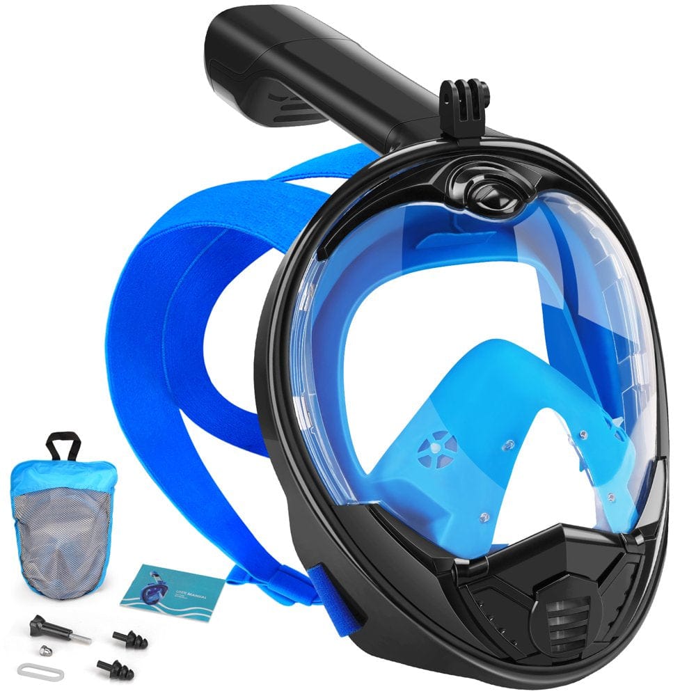 Full Face Snorkel Mask-Diving Mask with 180 Panoramic View Easy Breath, Anti-Fog & Anti-Leak, Detachable Camera Mount Dual Snorkeling Gear Perfect for Diving & Swimming Black+Blue S/M